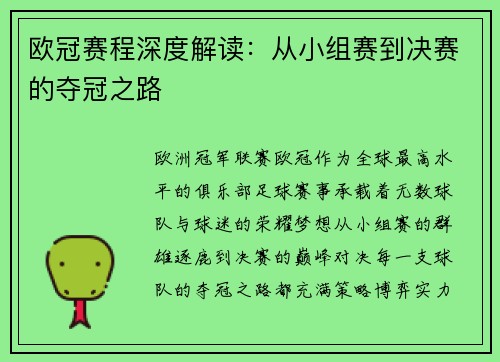 欧冠赛程深度解读：从小组赛到决赛的夺冠之路